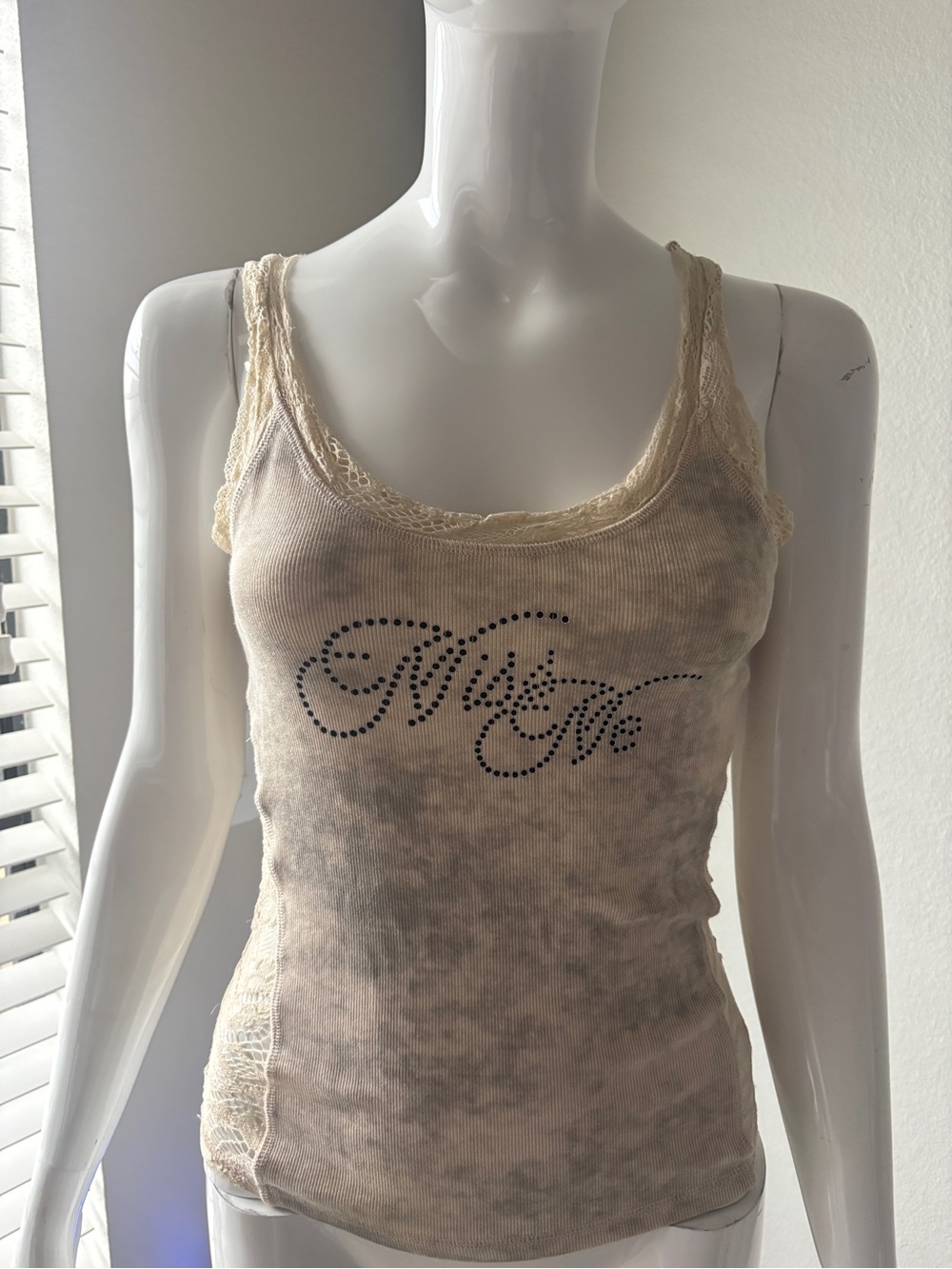 Miss Me Cream Tie-Dye Lace-Trim Camisole with Beaded Script